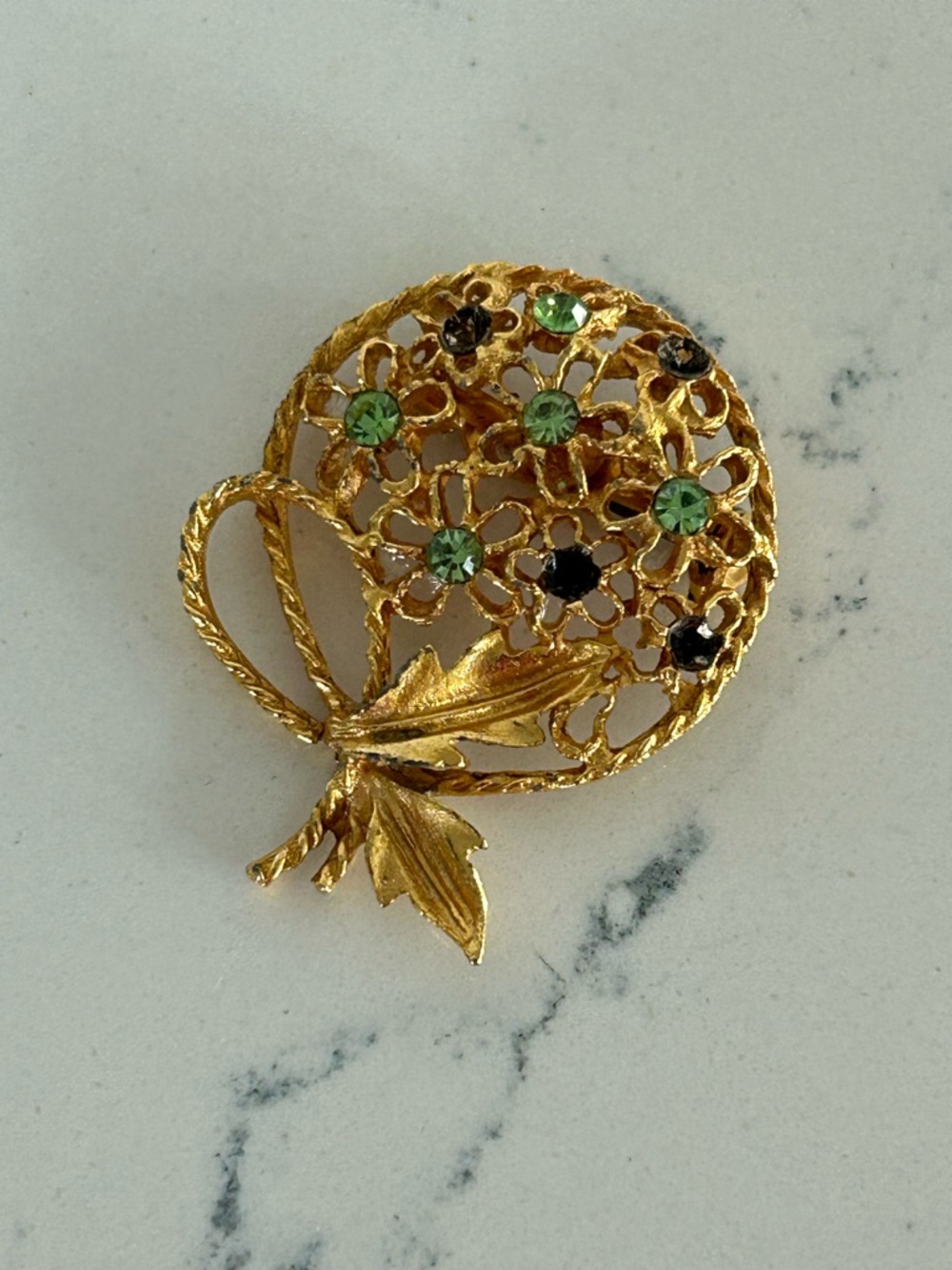 Vintage Gold Tone Floral Tree Brooch Pin Green Uranium Rhinestones